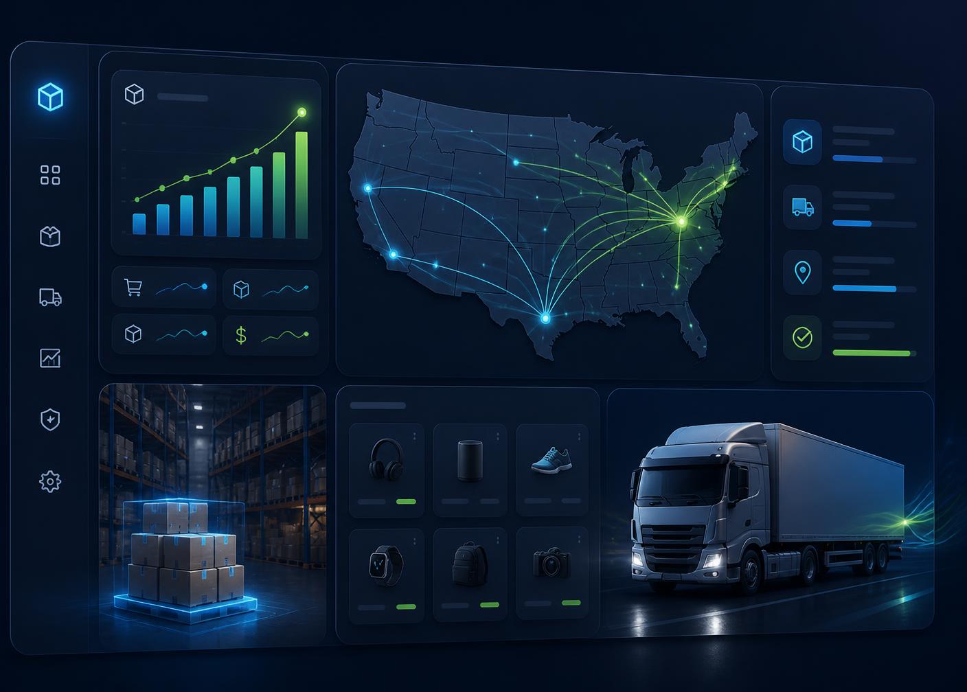Shifter Loop BD warehouse dashboard showing US shipping routes, live order analytics, and same-day fulfillment